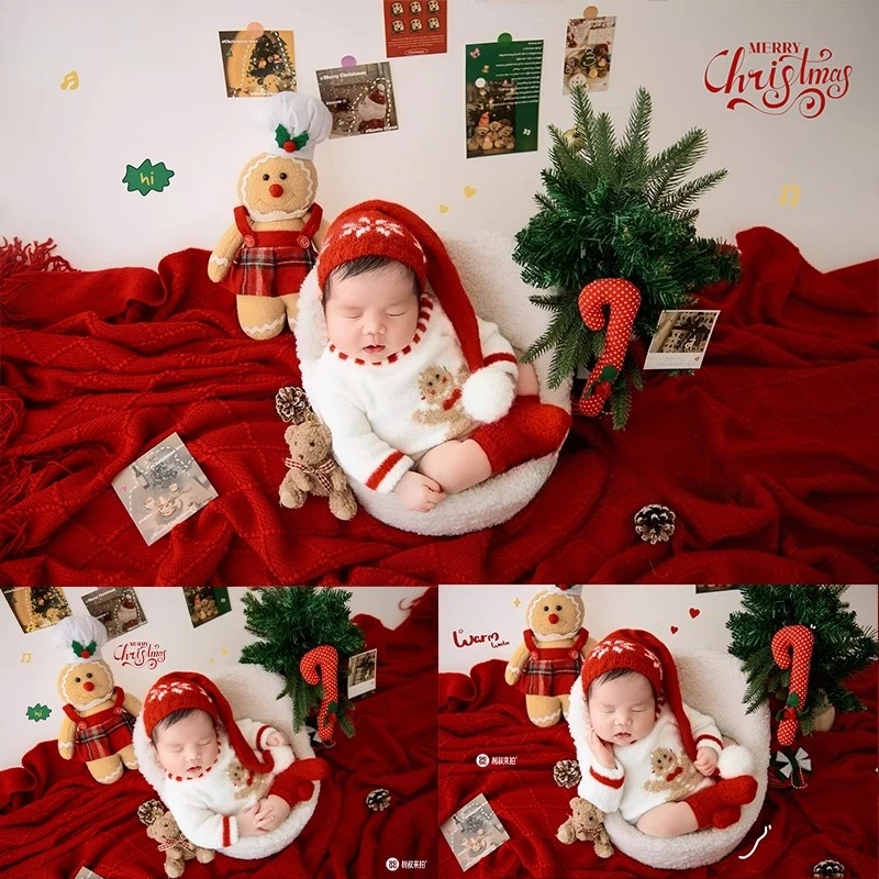 Newborn Photography Props Christmas Theme Set Knitted Outfit Tassel Blanket Cute X'mas Decors Accessories for Studio Photoshoot