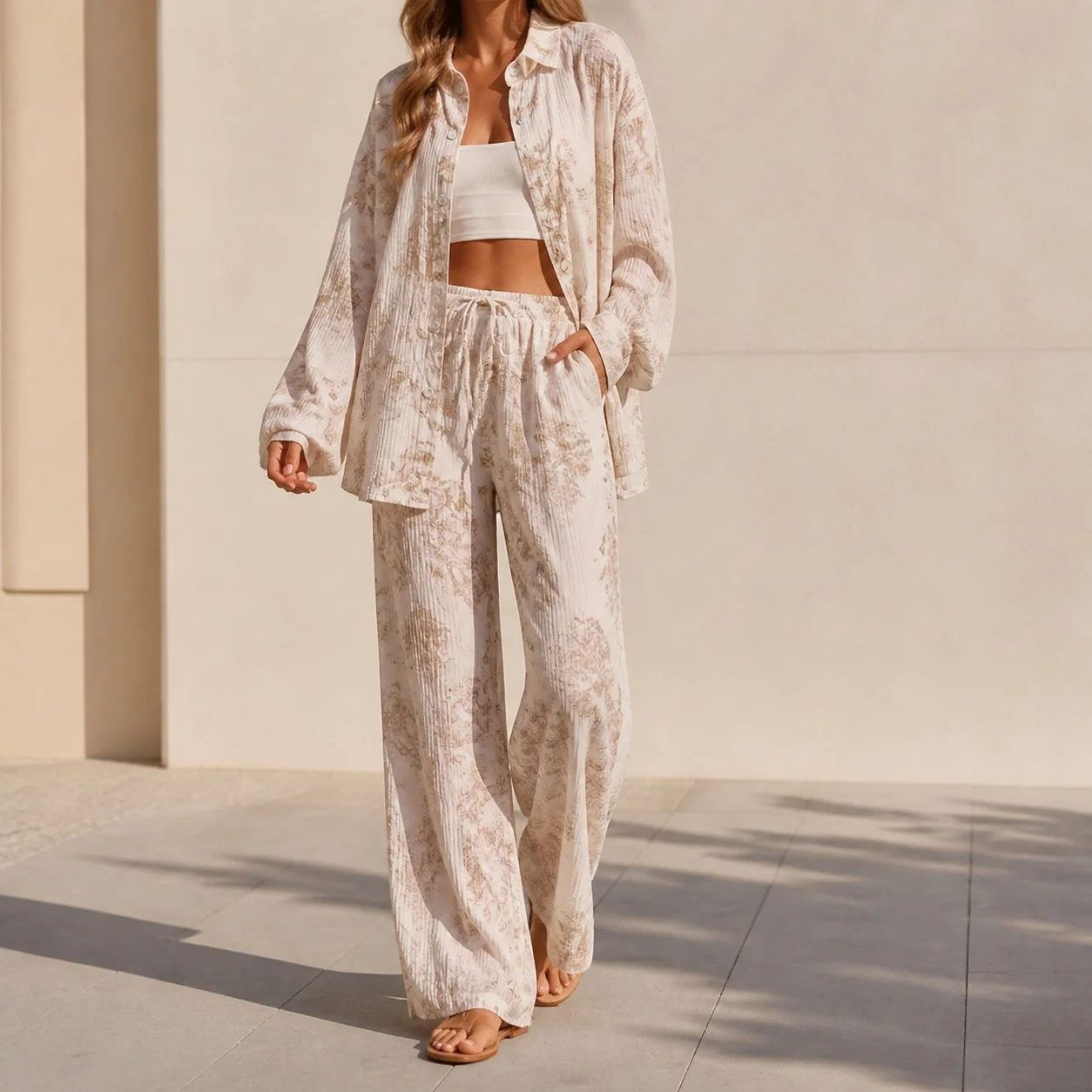 Printed Long Sleeve Set Full Length European and American Style with Long Pants Outdoor Loungewear for Women Autumn Summer