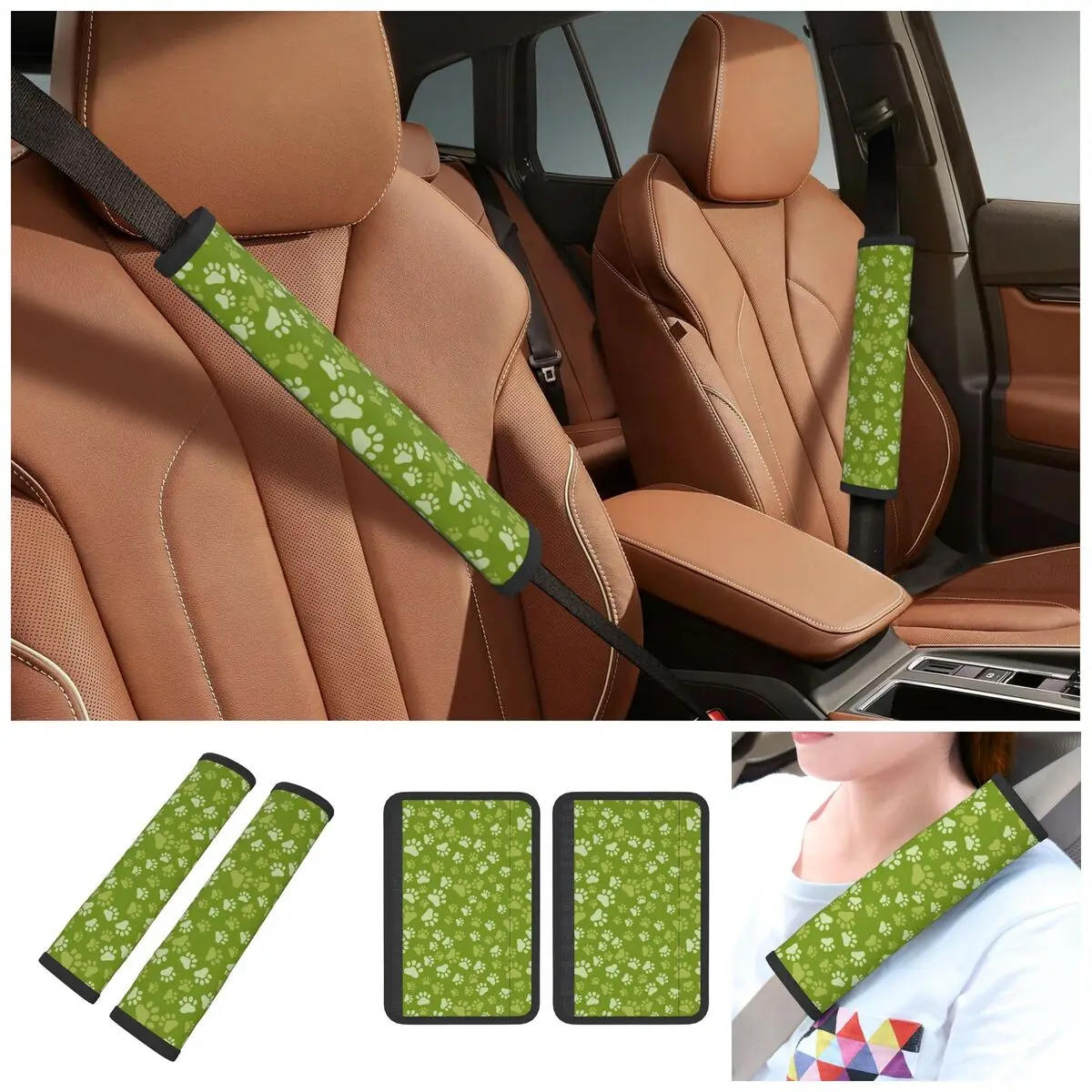 Green Dog Paw Animal Foot Prints Car Seat Straps Shoulder Pads Super Soft Seat Belt Covers for Car Truck