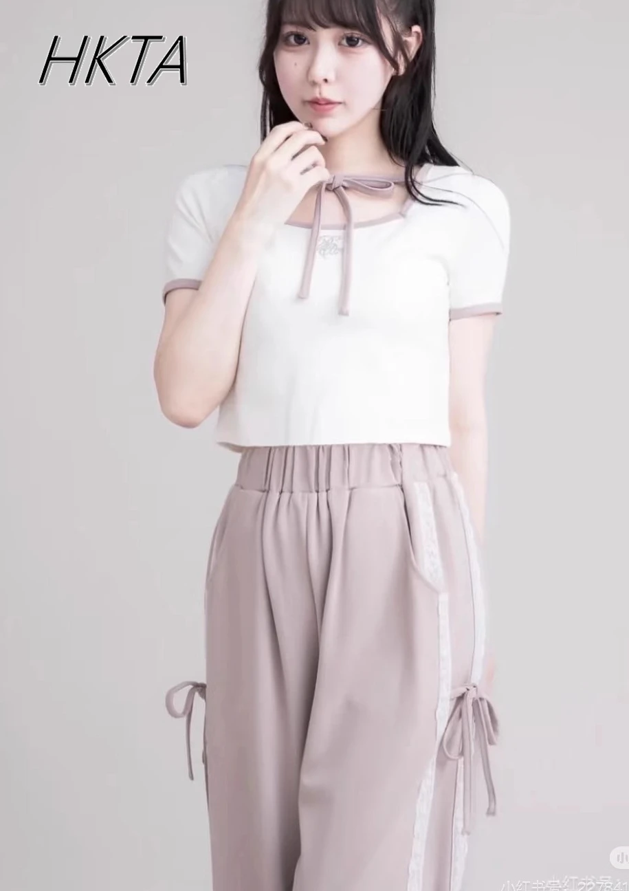 일본 스퀘어 칼라 스트랩 반팔 짧은 Tshirt 탑 여성 통근 캐주얼 스포츠 바지 세트 여성 T 셔츠 바지