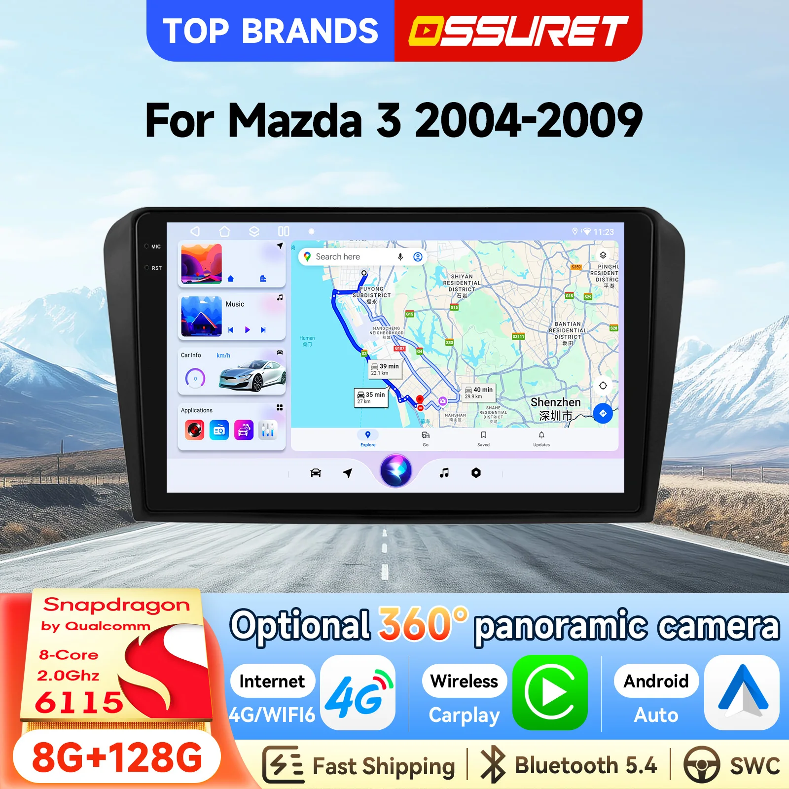 OSSURET Spedizione Rapida Autoradio Android 15 da 9 Pollici 2 Din con Carplay e Android Auto per Mazda 3 2004-2009, Autoradio 6115 Octa Core con Navigazione GPS, Bluetooth, Vivavoce, Unità Principale