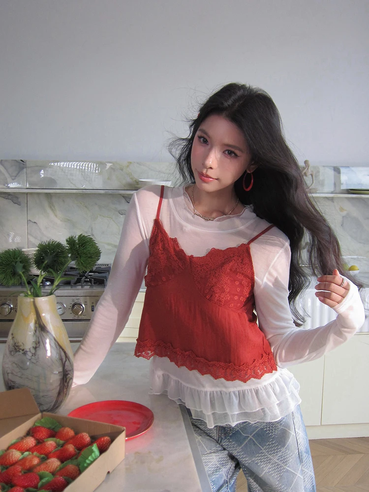 

MIUCO Lace Trim Csole Tank Top Long Sve Base Layer irt Outerwear Two-Piece Set OL Sle Commute Faion Pure Color