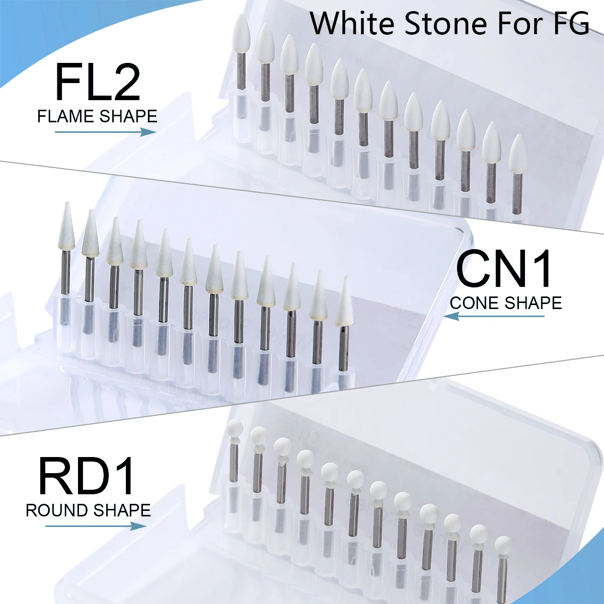 12pcs/Box Dental White Stone Polishing FG 1.6mm Burs Cone/Flame/Round Shape Arkansas Stone FL2 CN1 Finishing Enamel Composite