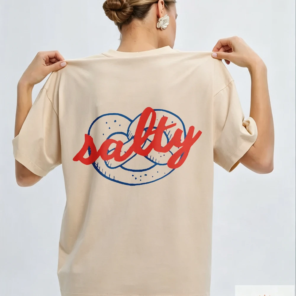 Salty Beach Graphic Tee Pink Short Sleeve Relaxed Fit Cursive Blue Circles Red Script Unisex High Quality Cotton Vacation Tops