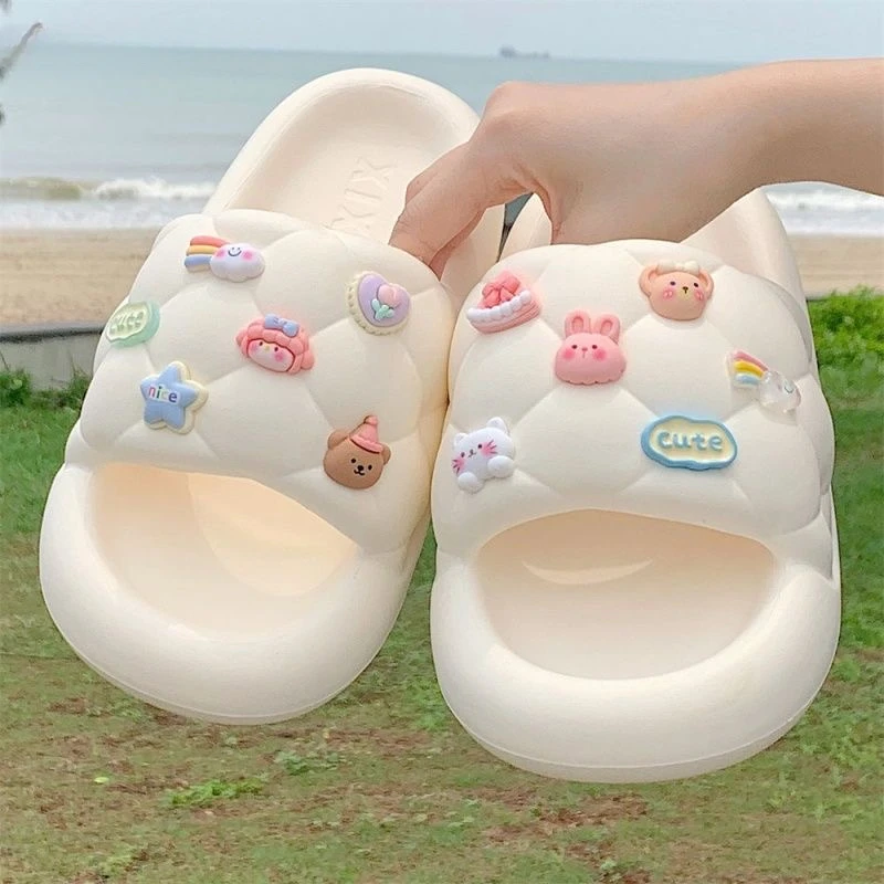 Cute Animals Decor Thick Sole Single Band Women Slippers Slides Bathroom Outdoor Beach Indoor Sandals Summer Couple Shoes