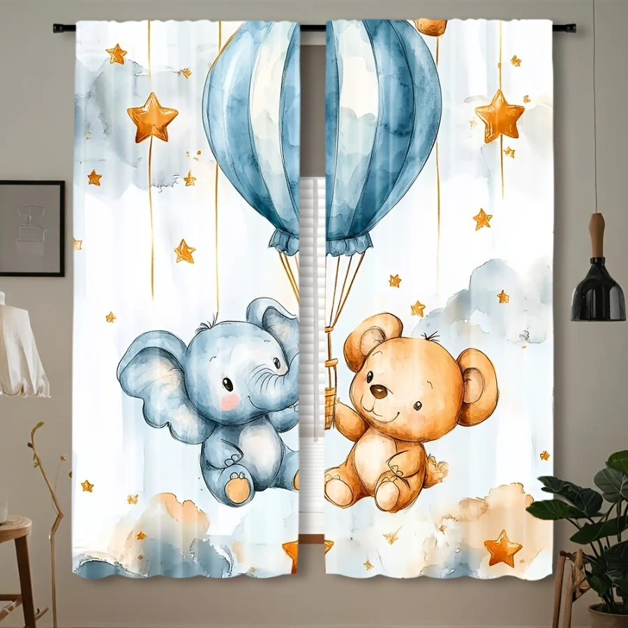 2PCS Digital Print Curtain, Elephant Bear Hot Air Balloon Pattern, Watercolor Dreamy Nursery for Baby Kids Bedroom Home Decor