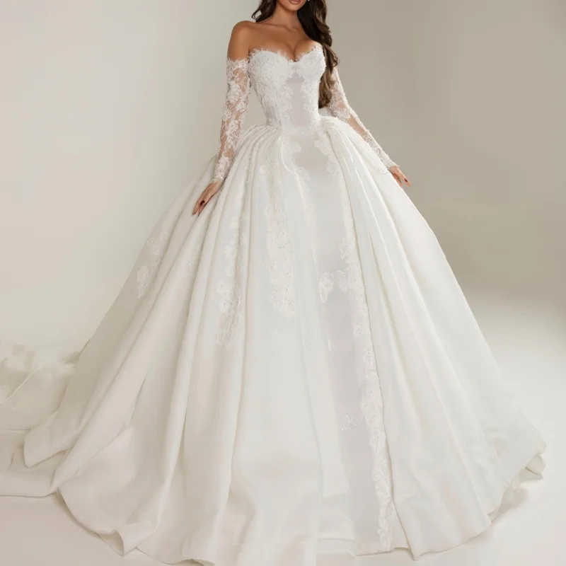 

Satin Shiny White Appliques Wedding Dresses glitter flower decal off-shoulder puff skirt Gowns Made wedding dress Bridal Gown