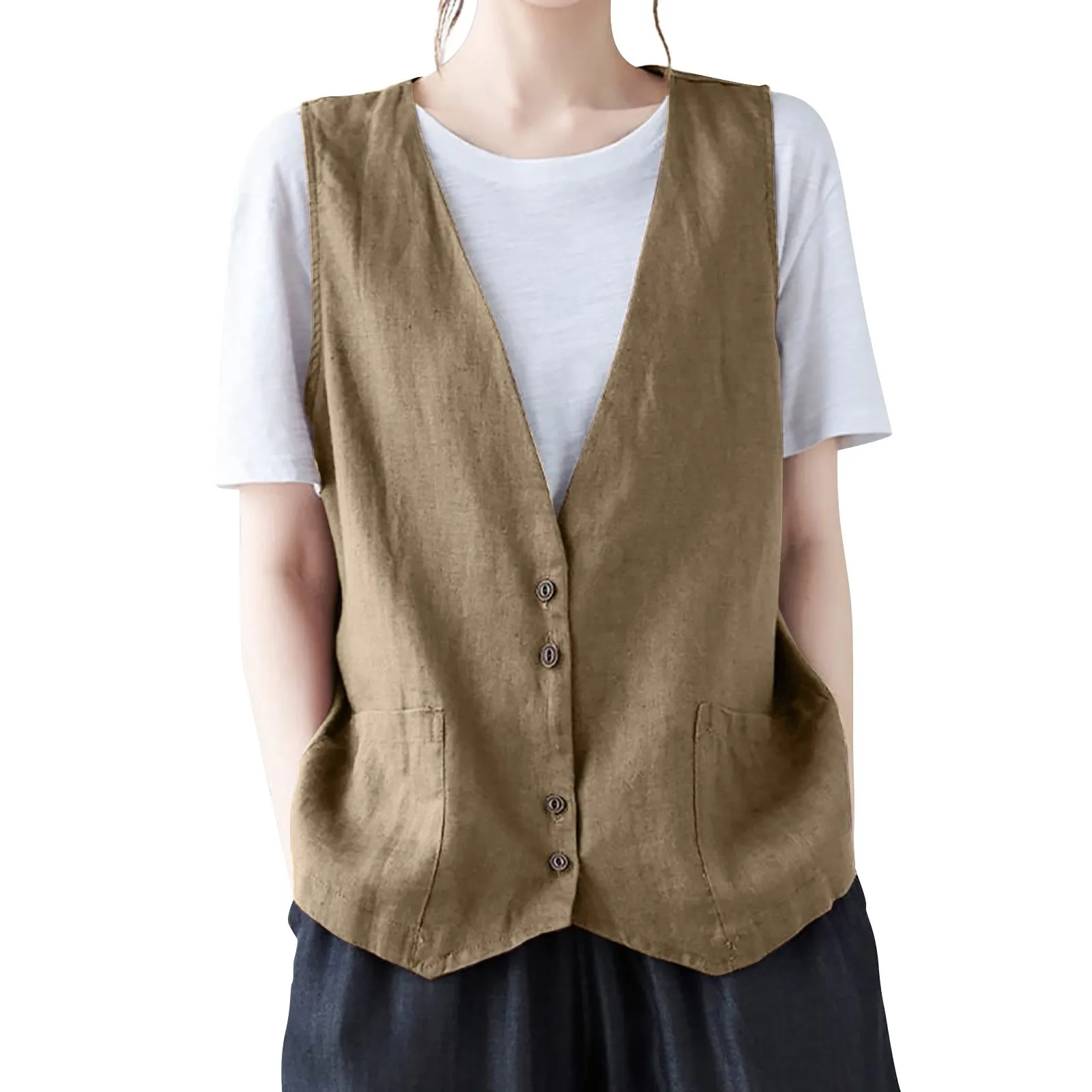 Girls\' Solid Color Fashionable Cool Hip Pop Sleeveless Cotton Linen Vest Button Down V-Neck Waistcoat Jacket Versatile And Daily