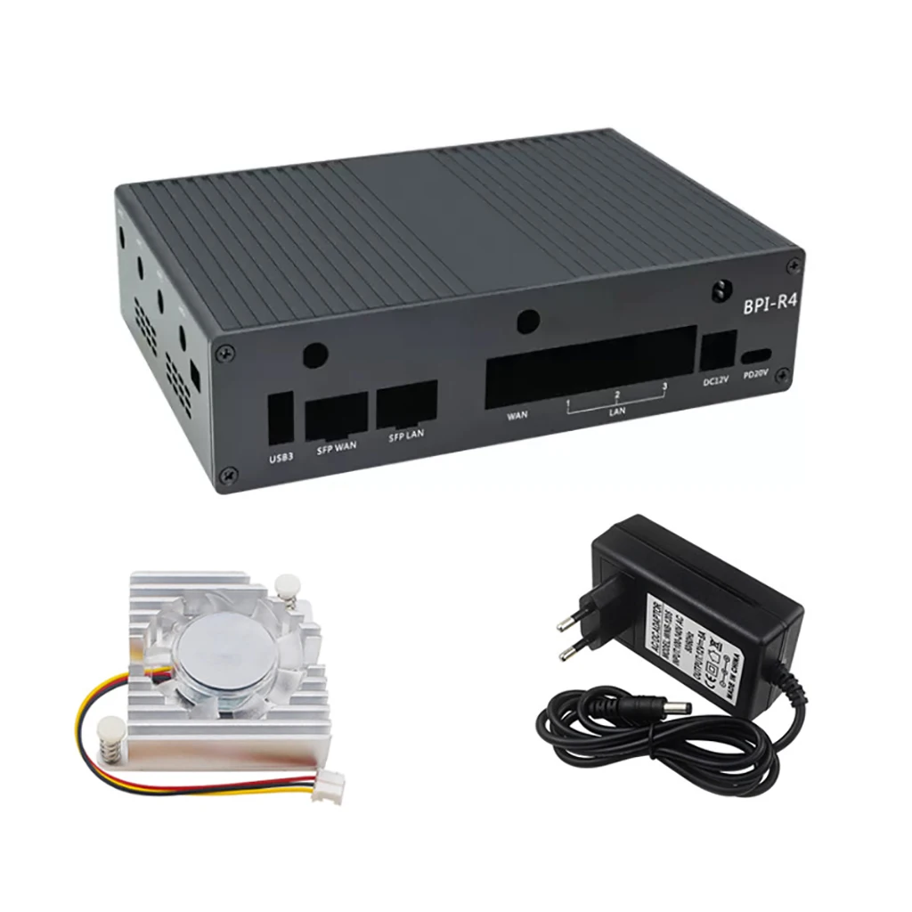For Banana Pi R4 BPI-R4 Aluminum Case Metal Shell Protective Box with Cooling Fan 12V Power Supply for BPI-R4 Development Board