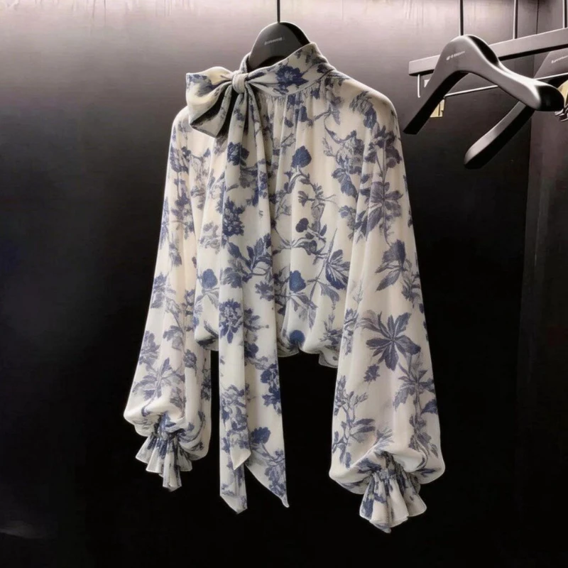 Luxury High-end Print Bow Long-sleeved Shirt Vintage Women Blouse Spring Autumn New Harajuku Top Shirts Blouse for Women