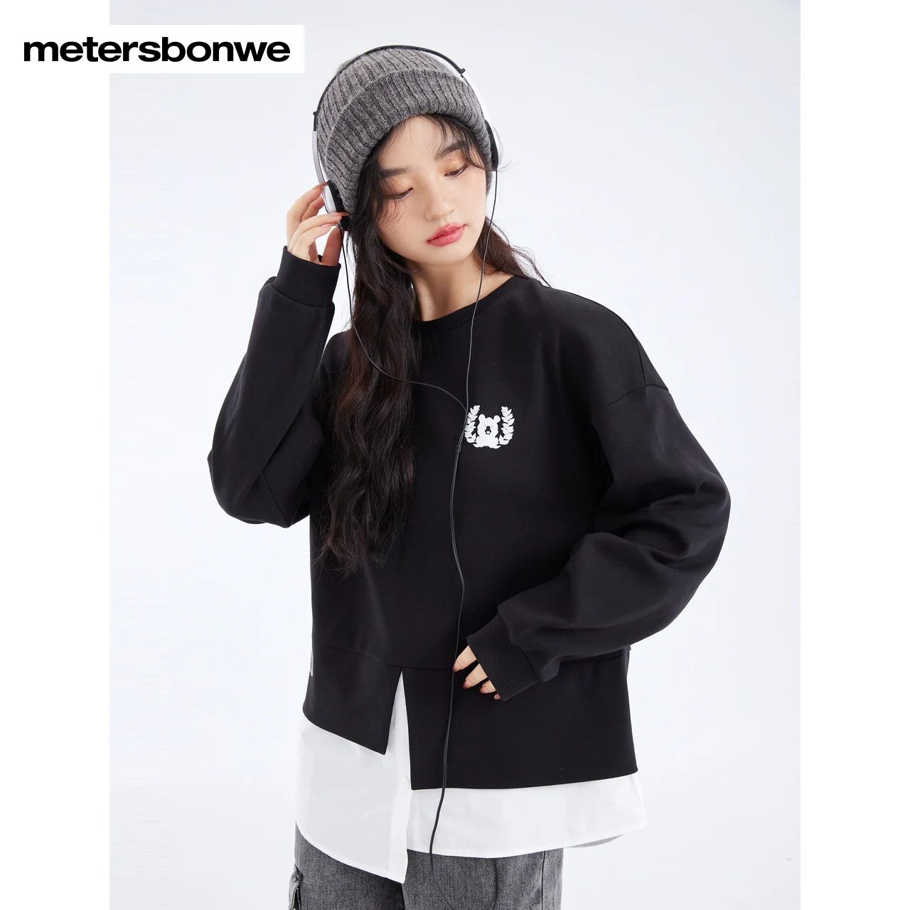 

Metersbonwe-Women's Irregular Splicing Pullover, 100% Cotton, Preppy Style Sweat Shirt, Print Loose Tops, Spring and Autumn