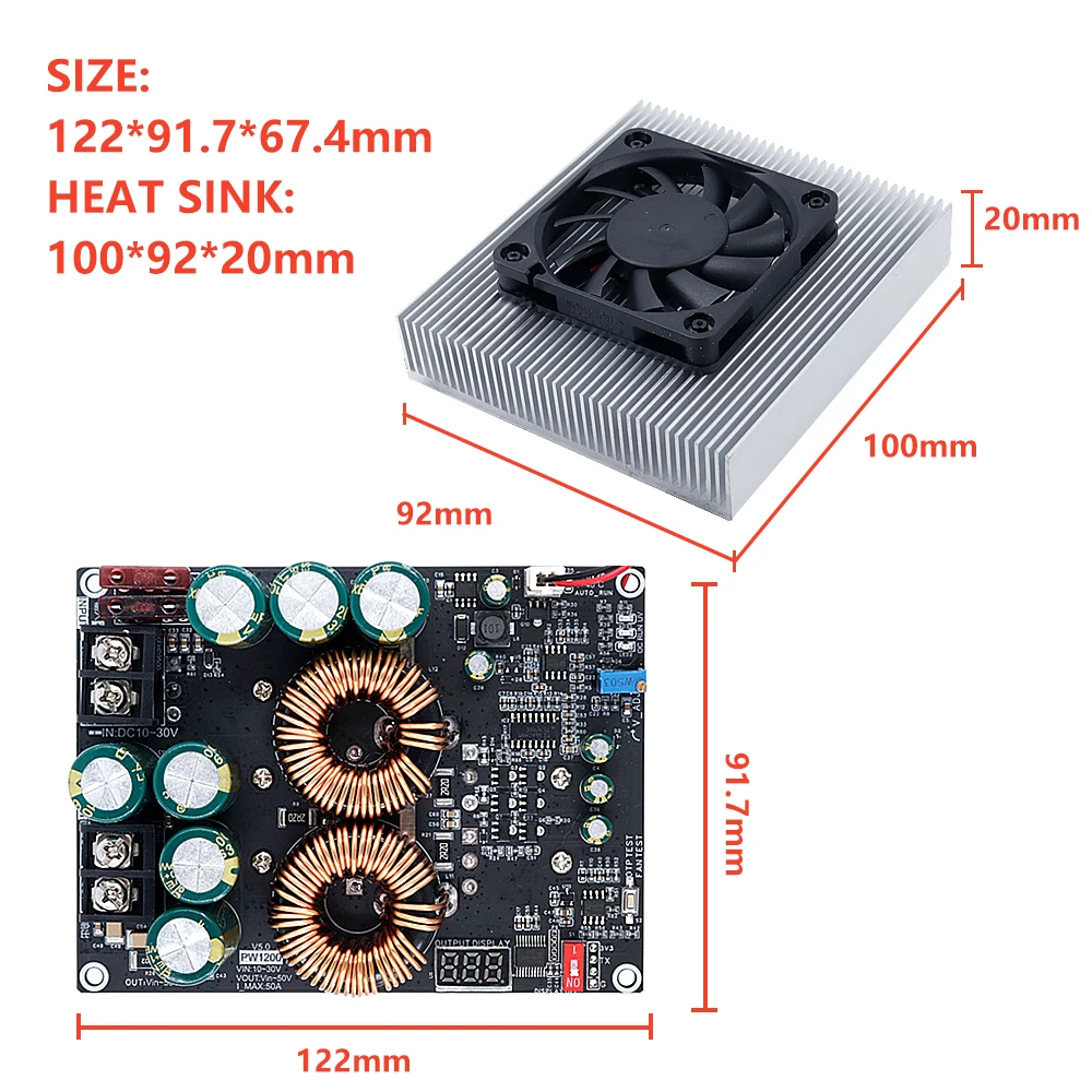 ZK-PW1200 50A Boost Power Supply Module DC 10-30V To 50V, 1200W, Audio Amplifier Converter With Dual Inductors, LCD Display