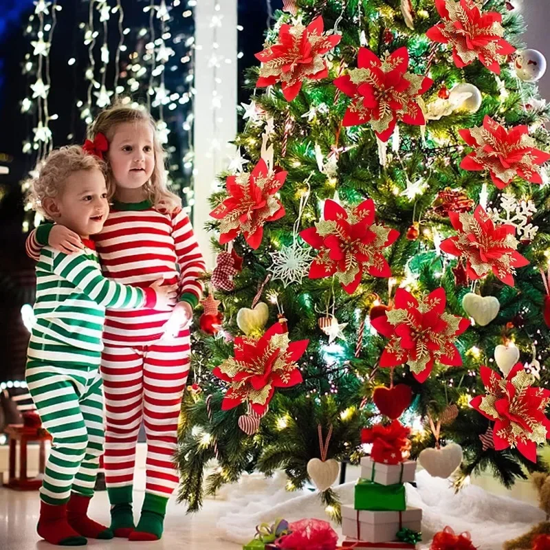 

F5 12PCS Artificial Glitter Christmas Flowers with Clip for Xmas Tree Ornament Fake Flower Floral New Year Party Home Decoration