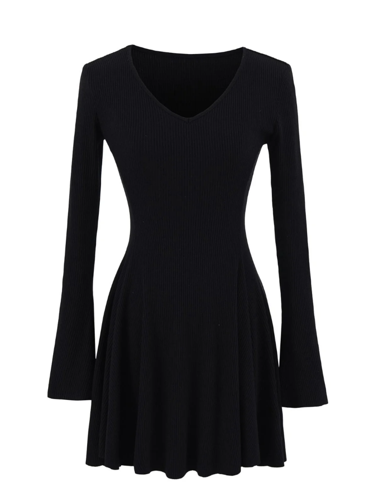 Romantic  Color Knitted ort Dr Women's Slimming V-Ne Long Sve Vest A-Line Skirt High Waist Commute Sle Sprin...