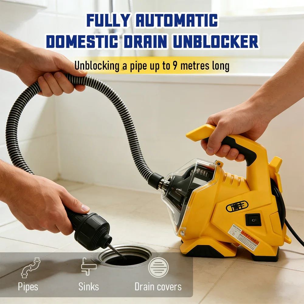 Electric Sewer Drain Cleaning Machine 9M Cable Automatic Feeding Portable Unblocker for Kitchen Sink Toilet Bathtub 20-50mm Pipe