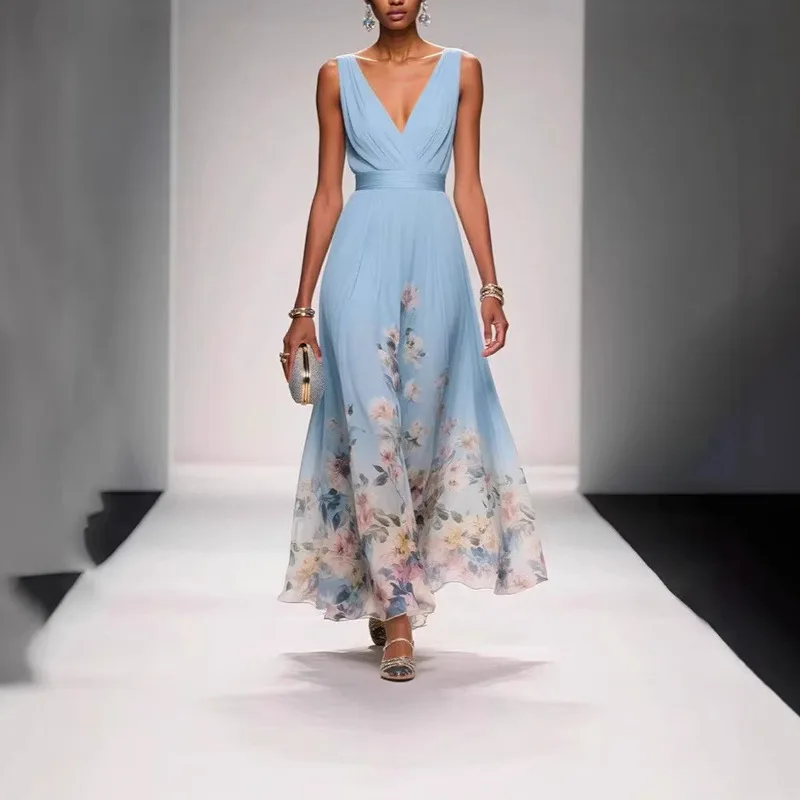 Elegant Fashionable V-Neck Printed Waist-Cinching Dress Spring 2026 Women's Clothing Cross-Border Style Midi Skirt