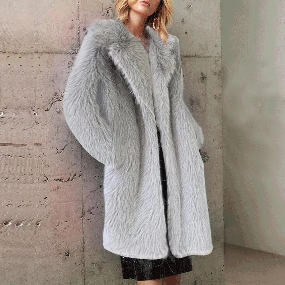 Biały Długi Płaszcz Damski ze Sztucznego Futra Jesienno-Zimowy Duży Płaszcz Kurtka Kołnierz Wykładany Kieszenie Gruby Płaszcz Ciepłe Kurtki Płaszcze Maxi