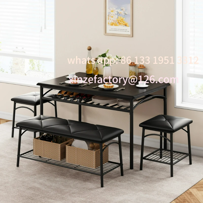

Customizable Dining Table Set for 4, Kitchen Table Set with Upholstered Bench and Square Stools, Metal and Wood Dining Room Tabl