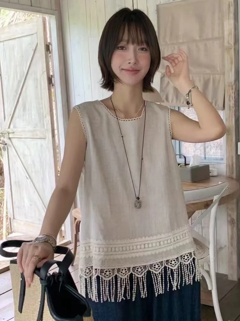 Fashionable Fringe Design Sleeveless Loose Vest Women's Summer New Style Ageless Subtle Trick Top round Neck Other Material
