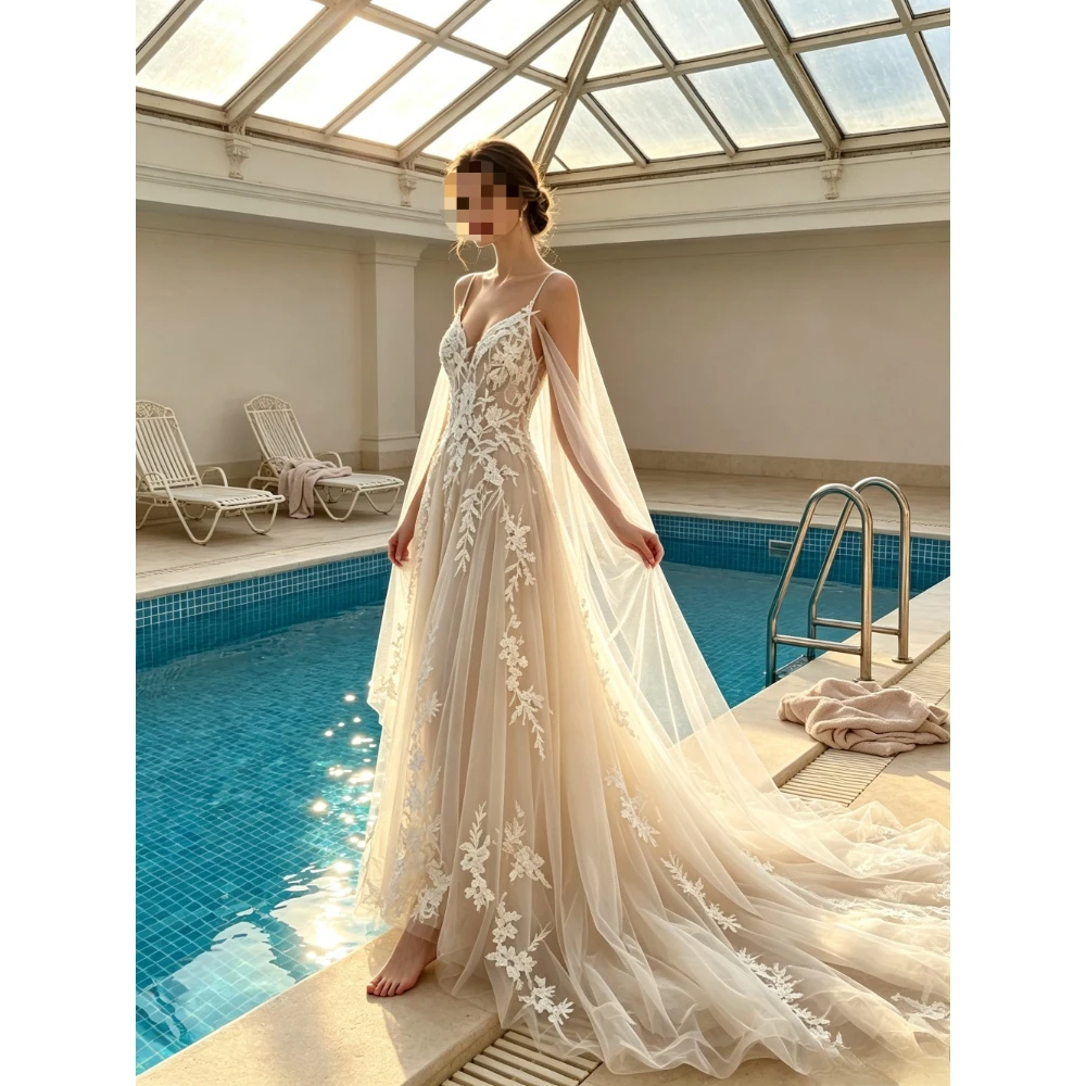 Customized Flowing Thin Shoulder Lace Wedding Dresses 2026 Romantic V-neck Backless A-line Bridal Gown Detachable Shawl Style