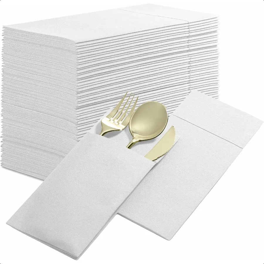 50 عبوة من مناديل العشاء من LinenFeel مع جيب أدوات مائدة مدمجة من القماش الأبيض المطلي مسبقًا مثل المناديل الورقية لعشاء الزفاف أو Pa