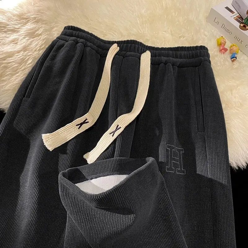 Corduroy Baggy Sweatpants for Men Letter Print Straight-Leg Pants Streetwear Harajuku Trousers Elastic Waist Sports Jogger Pants