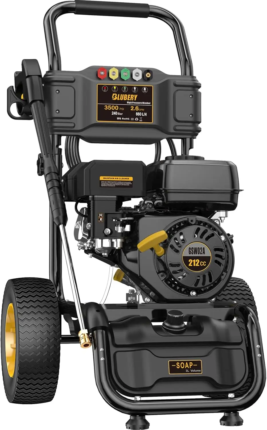 

3500 PSI Gas Pressure Washer, 2.6 GPM Heavy Duty High Power Washer, 30Ft Pressure Hose&Soap Tank,5 Pressure Nozzles,Black