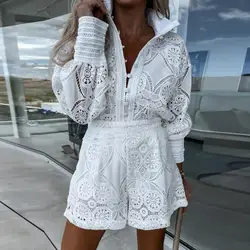 Vintage Single Breasted White Lace Women Shorts Sets Spring Long Sleeve Casual Party 2 Pcs Outfits Femme Suit Summer