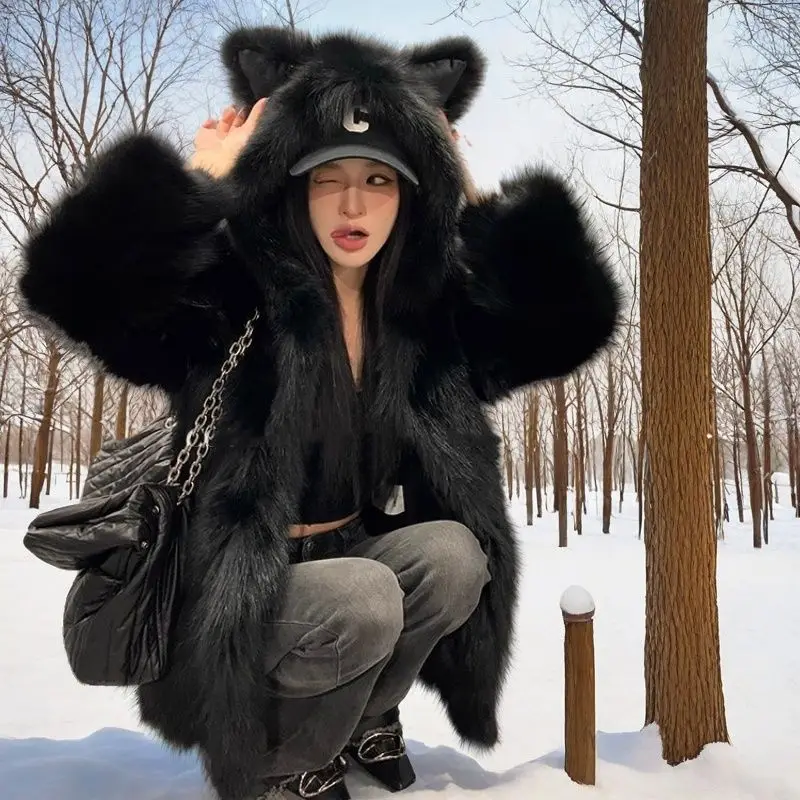 Women Clothing Winter Jacket Hoodie Cute Cat Ears Imitation Loose Warm Black Faux Fur Jacket for Women Winter New Fox Fur Coat