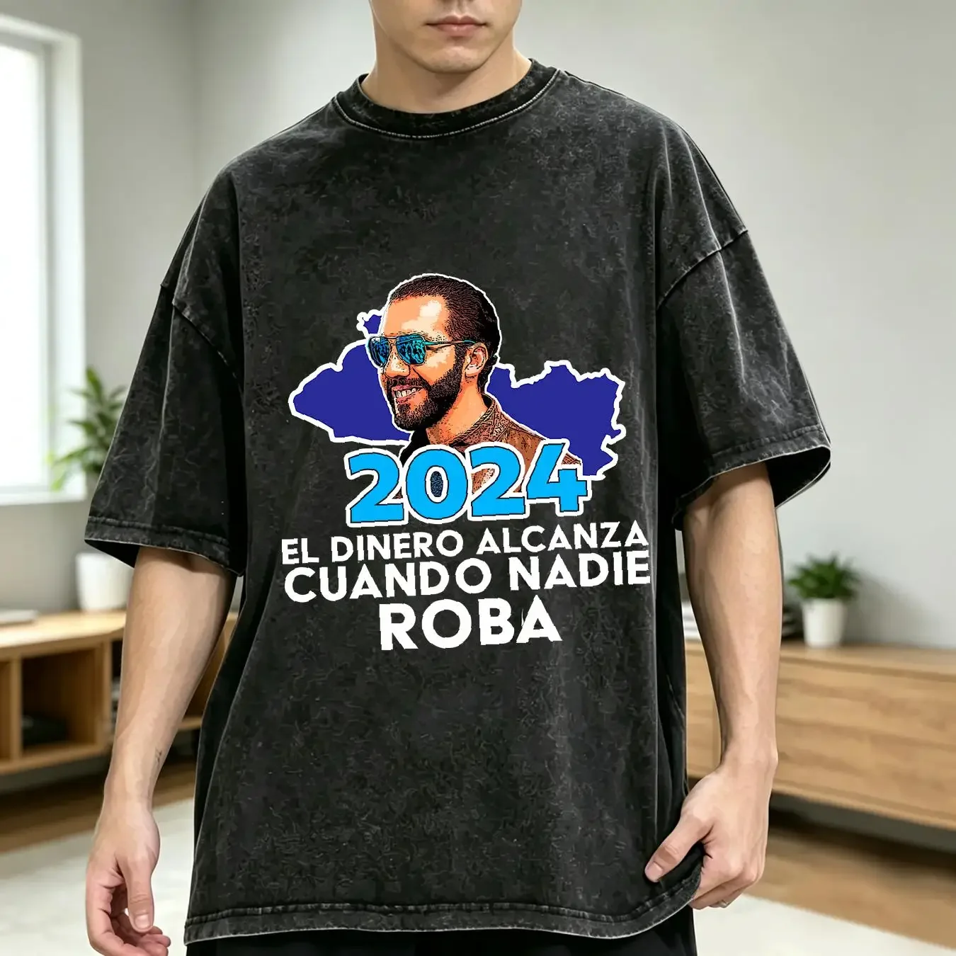washed T Shirt El Dinero Alcanza Cuando Nadie Roba Nayib Bukele 2024 long or short sleeves vintage Washed Casual homme