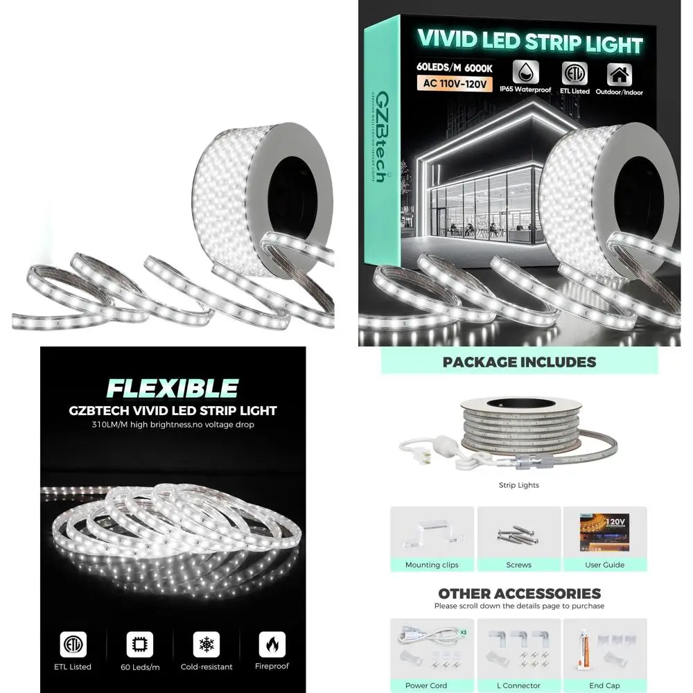 

66FT 110-120V 60LEDs/m Холодно-белая водонепроницаемая светодиодная лента, IP65 для внутреннего и наружного использования
