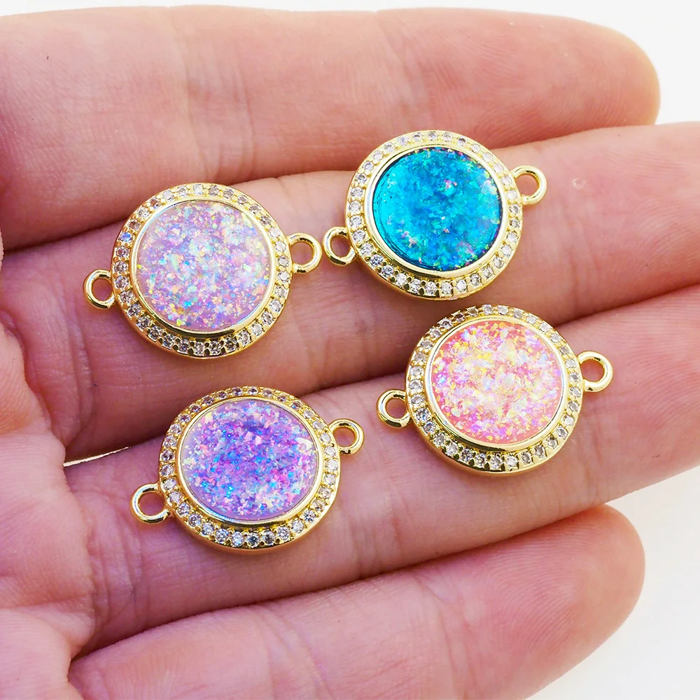 

Bule Pink Australia Opal Pendant Round Gemstone CZ Gold Plated Women Bracelet Connector For DIY Jewelry Making Accessories