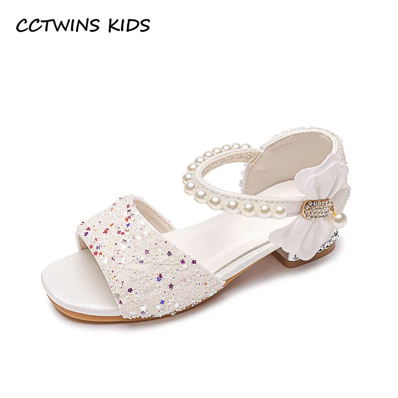 Girls Sandals 2023 Summer Toddler Kids Shoes Fashion Brand Princess Dress Party Middle Heel Flats Bow Pearl Glitter Soft Sole