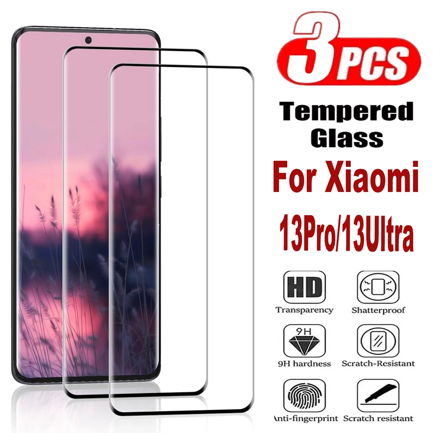 

9H Curved Four Sides Glue Screen Protector For Xiaomi 13 Pro 13 Ultra 3Pcs HD Tempered Glass