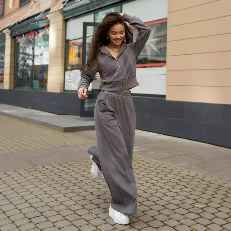 

Повседневный костюм, весенне-осенний кардиган с капюшоном, женская одежда, модная уличная стильная куртка с длинными рукавами, брюки, комплект из двух предметов