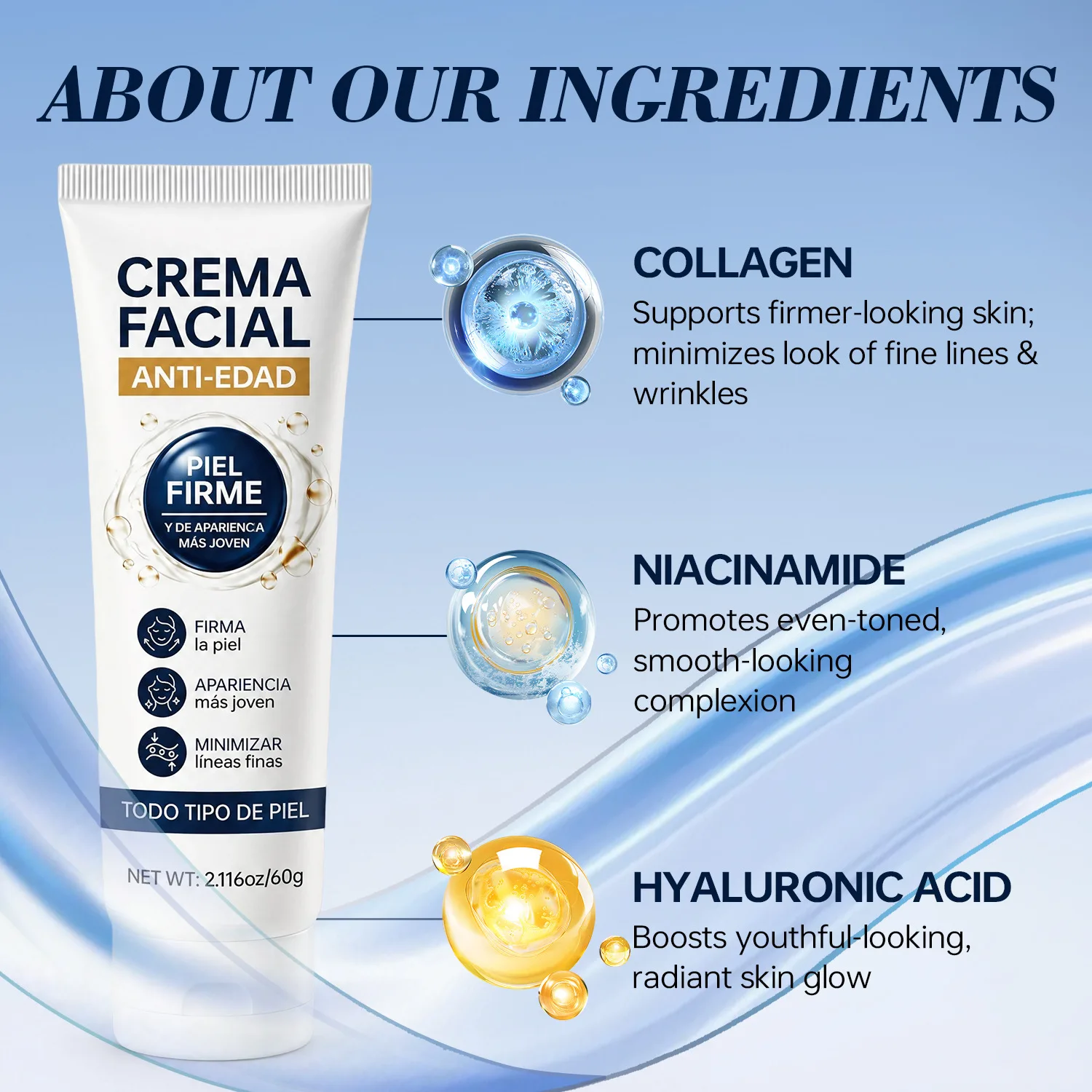 Anti-Aging Facial Cream 60g - with Collagen, Niacinamide & Hyaluronic Acid - Hydrate, Plump, Restore & Minimize Fine Lines.