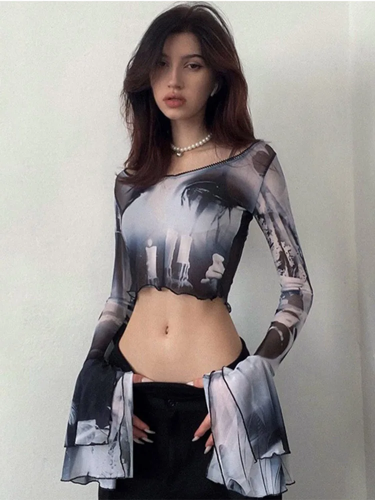 Punk Aesthetic Print Mesh Women Crop Tops Gothic Flare Sleeve See Through T-shirts Emo Lettuce Hem Sexy Streetwear