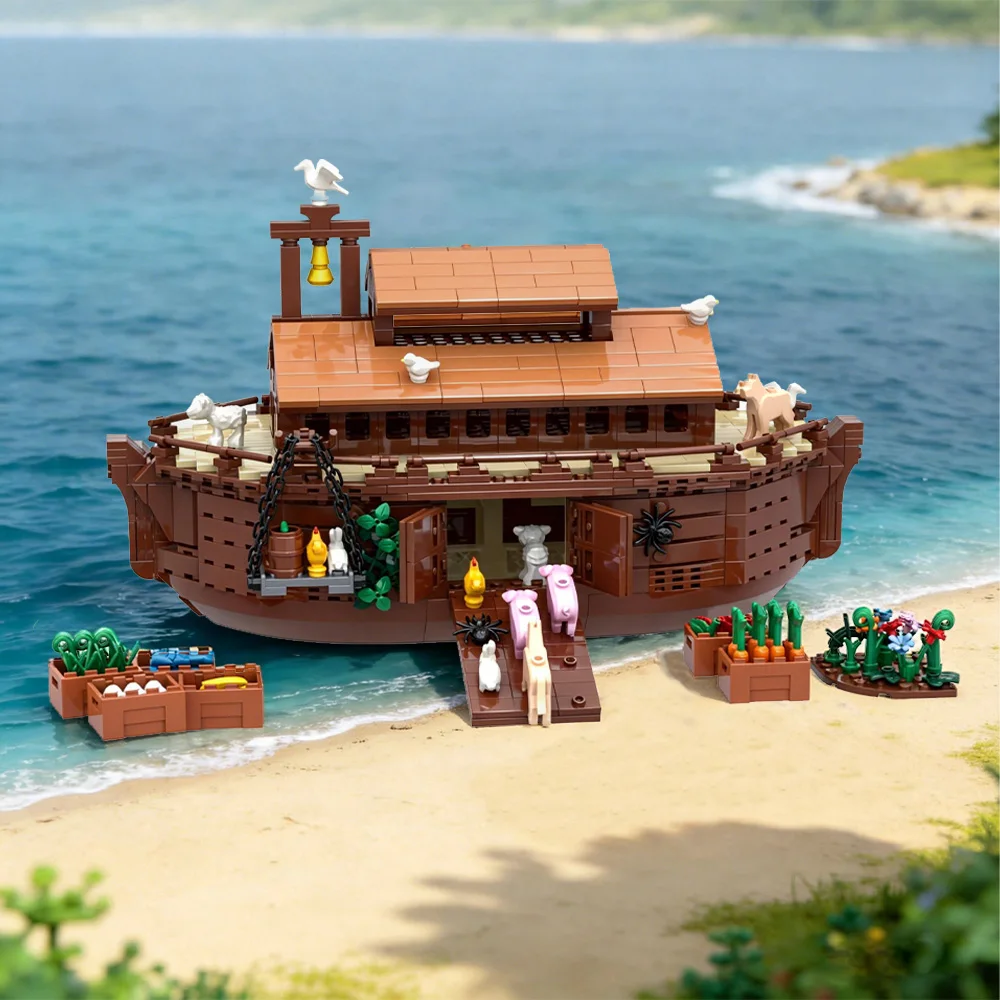 MOC Noahs Ark Modell Bausteine Mittelalterliche Schiff Religion Architektur Und Nette Mini Tiere Montage Ziegel Spielzeug Geschenk – Detail 5
