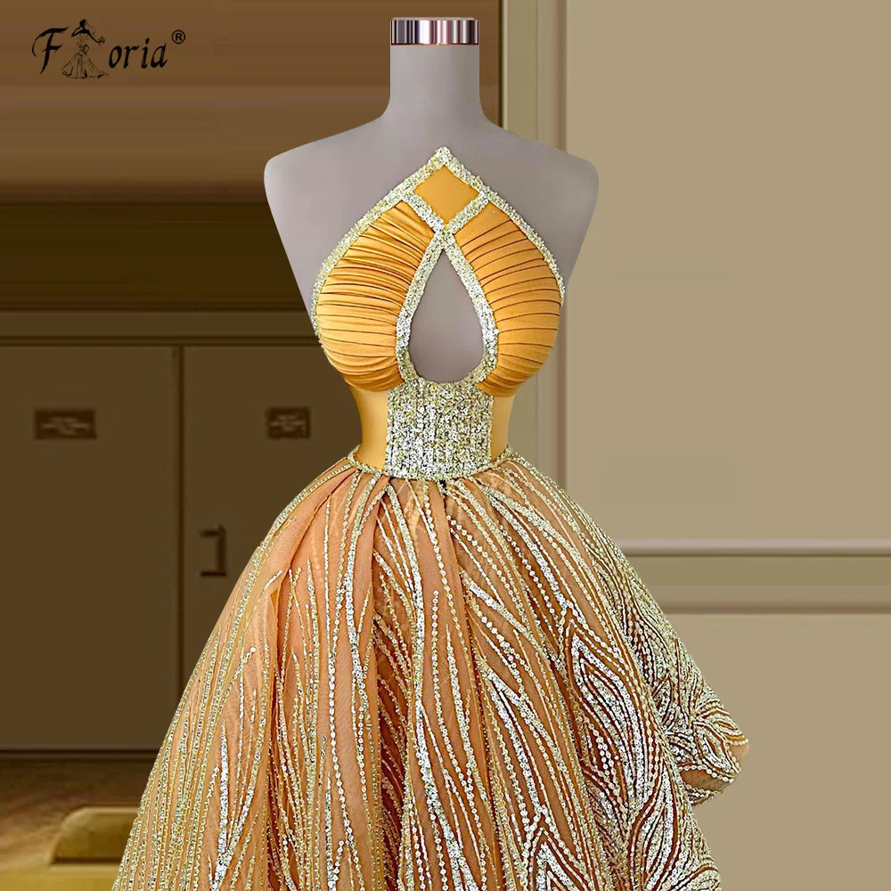 New Design Arabic Dubai High Low Lace Prom Dresses Asymmetrical Sleeveless Open Front Gold Evening Dress Women Formal Gown