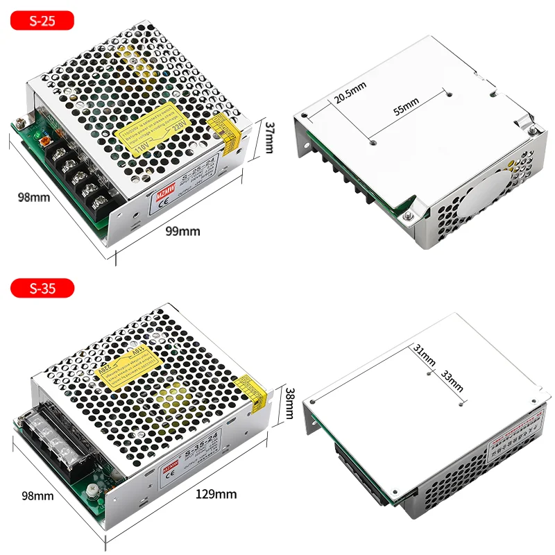 S Series Switching Power Supply 25W 50W 75W 100W 120W 150W 200W 400W 12V 24V 36V 48V 60V 100-240V AC-DC SMPS for LED Strip CCTV