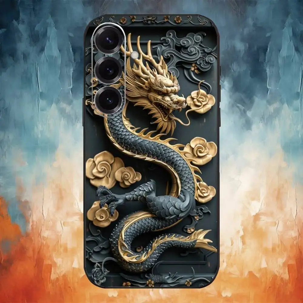 حافظة هاتف فاخرة منقوشة على شكل تنين لهاتف سامسونج جالاكسي A73، A72، A71، A70، A53، A52، A51، غطاء أسود ناعم آخر #2