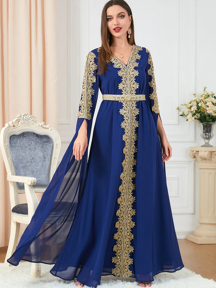 

Moroccan Kaftan for Women Embroidered Appliques Islam Arabic Evening Long Dress Gulf Jalabiay Muslim Dubai Party Abaya Ramadan