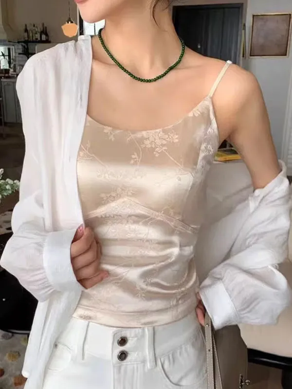New Chinese Style Acetate Satin Strap Vest Women Summer with Chest Pad Beautiful Back Bra Integrated Suit Underwear Base Shirt