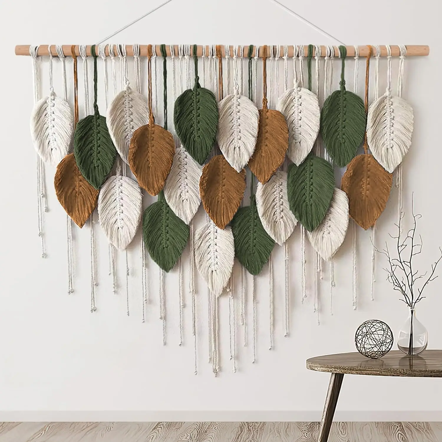 Large Macrame Wall Hanging Boho Woven Tapestry, Chic Home Decor Modern Bohemian Handmade Leaf Feather Wall Art Decorations