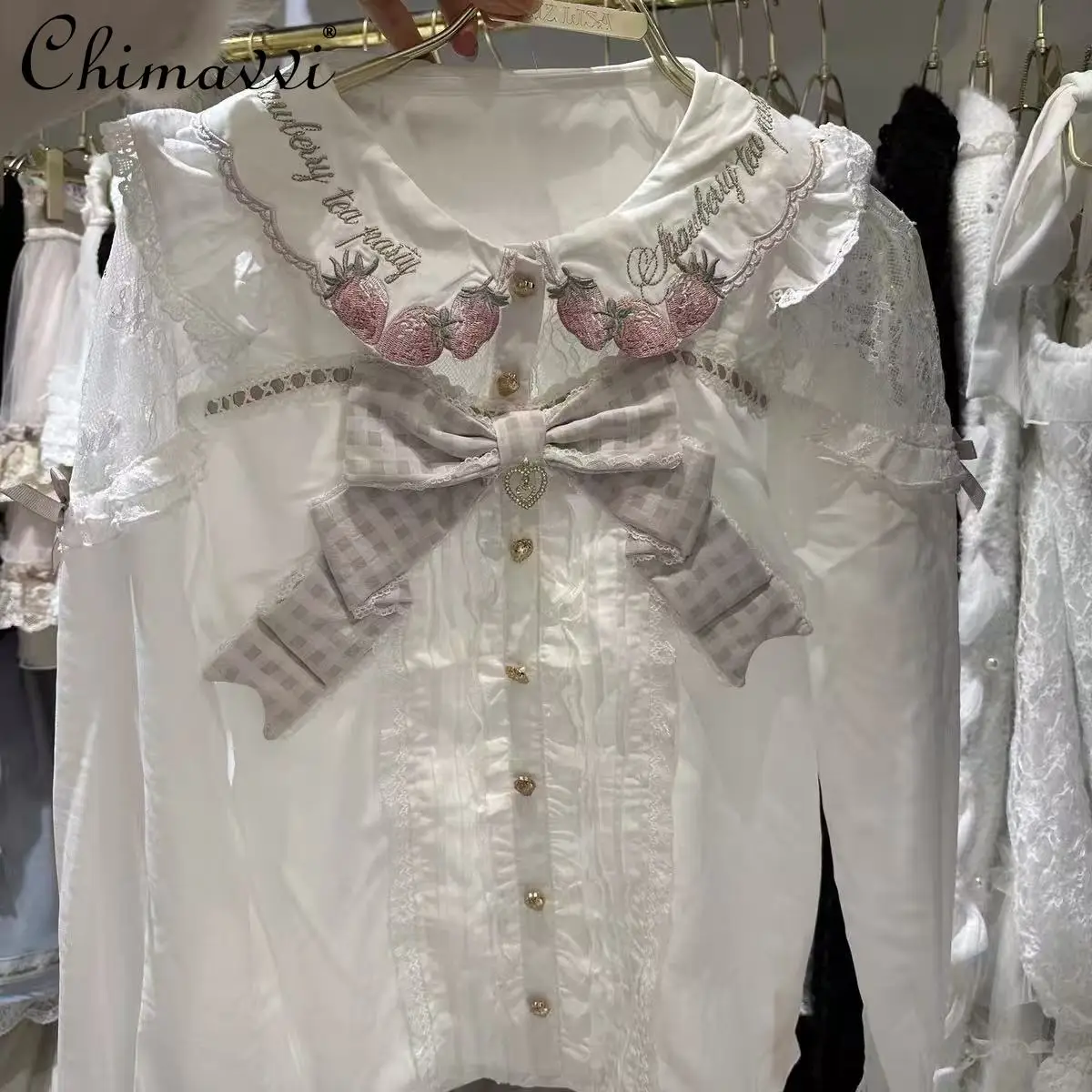 

Liz Japanese Mass-produced Sweet Lolita Strawberry Shirt Spring-summer New Cute Girl's Long-sleeved Elegant Princess Blouse Top