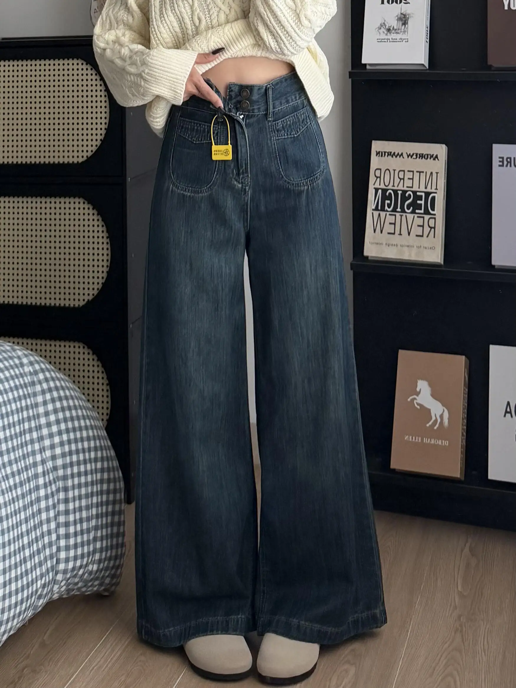 Y2K Jeans Retro Deep Blue Wide Leg Women Spring Double Button Design Loose Straight Floor Pants
