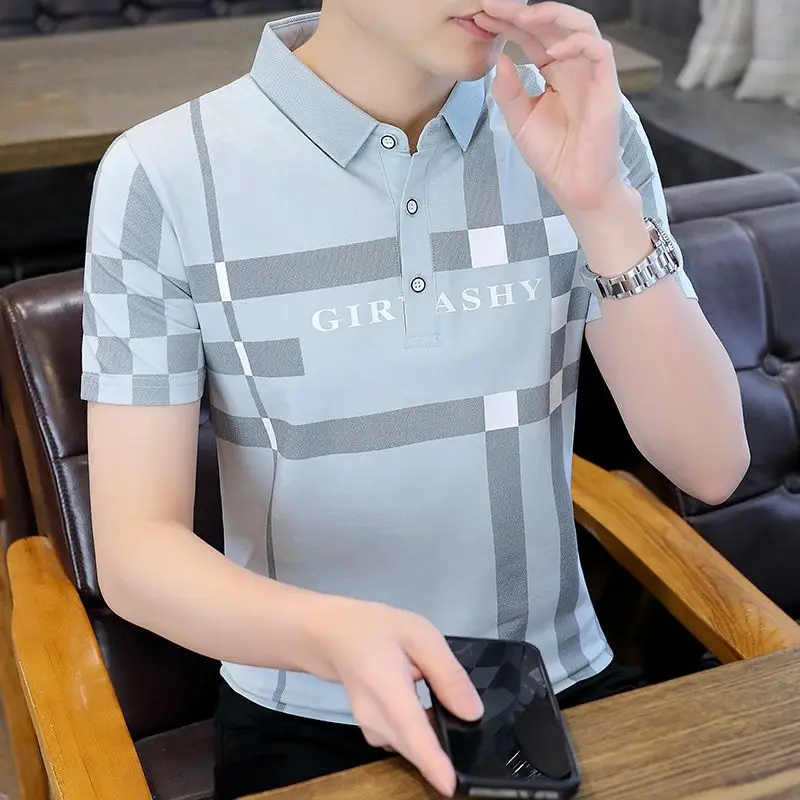 Summer New Men\'s Short Sleeve Striped Print Polo Neck Shirts Letter All-match Trend Youth Tops Fashion Smart Casual Men Clothing