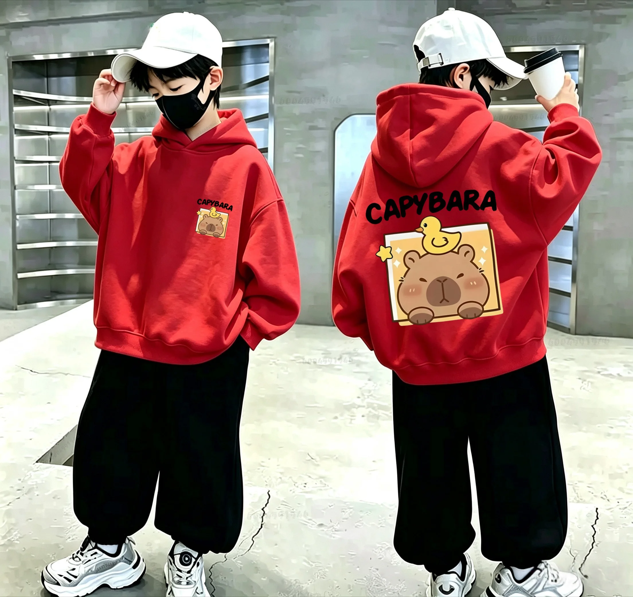 Trend Cartoon Otter Duck Pattern Printed Children's Hooded Sweatshirt for Autumn/Winter Boys and Girls Casual Pullover Sweater