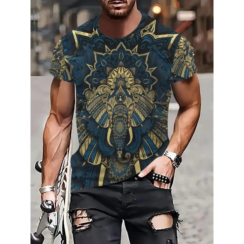 Colorful Ethnic Pattern T Shirt For Men Retro Elephant 3D Printed Tees Summer Street Short Sleeve Round Neck Tops Loose T-Shirts