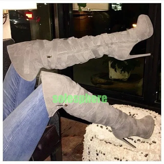 

Lady Gray Color Suede Buckle Strap Knee Boots Platform Pointe Toe Over The Knee Boots Gray Suede Sexy Zipper Fall Casual Boots